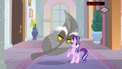 Size: 1920x1080 | Tagged: safe, screencap, character:discord, character:starlight glimmer, species:pony, species:unicorn, episode:a matter of principals, g4, my little pony: friendship is magic, boomerang (tv channel), duo, eyebrows, female, leaf, male, mare, pun, raised hoof, visual gag