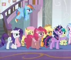 Size: 642x540 | Tagged: safe, screencap, character:applejack, character:fluttershy, character:pinkie pie, character:rainbow dash, character:rarity, character:sandbar, character:silverstream, character:twilight sparkle, character:twilight sparkle (alicorn), species:alicorn, species:pony, episode:a matter of principals, g4, my little pony: friendship is magic, boomerang (tv channel), cropped, dirty, mane six, messy, wet mane rainbow dash
