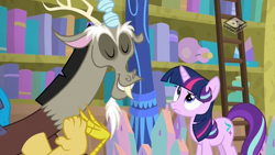 Size: 1024x576 | Tagged: safe, screencap, character:discord, character:starlight glimmer, species:draconequus, species:pony, species:unicorn, episode:a matter of principals, g4, my little pony: friendship is magic, bookshelf, boomerang (tv channel), duo, eyes closed, female, ladder, male, mare, not twilight sparkle, twilight wig, wig