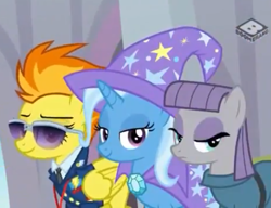 Size: 923x709 | Tagged: safe, screencap, character:maud pie, character:spitfire, character:trixie, species:earth pony, species:pegasus, species:pony, species:unicorn, episode:a matter of principals, g4, my little pony: friendship is magic, boomerang (tv channel), cropped, female, mare, smiling