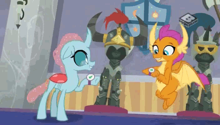 Size: 704x400 | Tagged: safe, screencap, character:ocellus, character:smolder, species:changeling, species:dragon, species:reformed changeling, episode:a matter of principals, g4, my little pony: friendship is magic, animated, armor, axe, bonding, boomerang (tv channel), claws, cute, dragon wings, dragoness, fangs, female, flying, gif, helm of yickslur, helmet, hoofbump, horns, shield, sword, teeth, weapon, wings