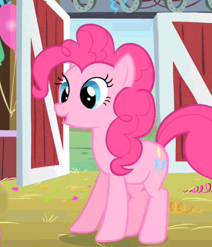 Size: 415x483 | Tagged: safe, screencap, character:pinkie pie, species:earth pony, species:pony, animated, barn, cute, diapinkes, female, gif, jumping, mare, smiling, solo