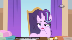 Size: 1366x768 | Tagged: safe, screencap, character:starlight glimmer, episode:a matter of principals, g4, my little pony: friendship is magic, book, boomerang (tv channel), closed captioning, curtains, cute, desk, faec, gem, meme, rope, scroll, smiling, this will not end well, what could possibly go wrong, youtube caption