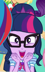 Size: 437x697 | Tagged: safe, screencap, character:applejack, character:twilight sparkle, character:twilight sparkle (scitwi), species:eqg human, equestria girls:rollercoaster of friendship, g4, my little pony:equestria girls, cropped, cute, female, geode of super strength, geode of telekinesis, looking at you, ponytail, smiling, solo focus, twiabetes
