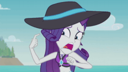 Size: 1280x720 | Tagged: safe, screencap, character:rarity, episode:lost and found, g4, my little pony:equestria girls, animated, belly button, clothing, drama queen, ear piercing, earring, freakout, geode of shielding, hat, jewelry, magical geodes, marshmelodrama, midriff, my ear was naked, piercing, rarity being rarity, solo, sound, sun hat, swimsuit, webm