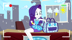 Size: 1280x720 | Tagged: safe, screencap, character:rarity, episode:best trends forever, g4, my little pony:equestria girls, bag, bracelet, cute, female, geode of shielding, handbag, jewelry, legs, marshmelodrama, panic, pencil skirt, raribetes, rarity being rarity, solo, video, video camera, worried