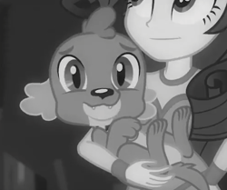 Size: 495x413 | Tagged: safe, screencap, character:rarity, character:spike, character:spike (dog), species:dog, episode:rarity investigates: the case of the bedazzled boot, g4, my little pony:equestria girls, detective rarity, female, grayscale, looking at you, male, monochrome, paws, puppy, rarity investigates (eqg): trixie, straight