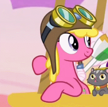 Size: 353x351 | Tagged: safe, screencap, character:cherry berry, species:earth pony, species:pony, episode:grannies gone wild, g4, my little pony: friendship is magic, animated, aviator hat, balloon, cat, cherrybetes, cute, female, gif, goggles, hot air balloon, mare