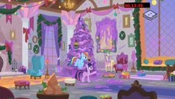 Size: 1280x720 | Tagged: safe, screencap, character:rainbow dash, character:spike, character:twilight sparkle, character:twilight sparkle (alicorn), species:alicorn, species:dragon, species:pegasus, species:pony, episode:the hearth's warming club, g4, my little pony: friendship is magic, boomerang (tv channel), female, hearth's warming tree, male, mare, slime, winged spike