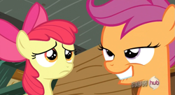 Size: 835x454 | Tagged: safe, screencap, character:apple bloom, character:scootaloo, species:pegasus, species:pony, episode:sleepless in ponyville, g4, my little pony: friendship is magic, dat butt, hub logo, lip bite, out of context