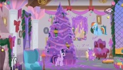 Size: 1615x927 | Tagged: safe, screencap, character:rainbow dash, character:spike, character:twilight sparkle, character:twilight sparkle (alicorn), species:alicorn, species:dragon, species:pegasus, species:pony, episode:the hearth's warming club, g4, my little pony: friendship is magic, female, hearth's warming tree, male, mare, purple, slime