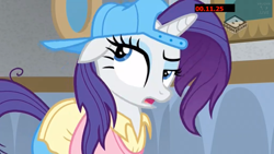 Size: 1280x720 | Tagged: safe, screencap, character:rarity, species:pony, species:unicorn, episode:friendship university, g4, my little pony: friendship is magic, alternate hairstyle, backwards ballcap, baseball cap, boomerang (tv channel), cap, clothing, eyeshadow, female, hat, makeup, mare, open mouth, plainity, solo