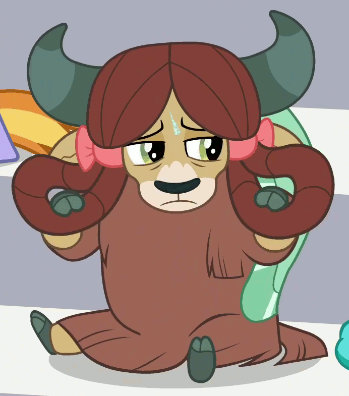 Size: 692x785 | Tagged: safe, screencap, character:sandbar, character:yona, species:yak, episode:a matter of principals, g4, my little pony: friendship is magic, animated, bow, cloven hooves, cropped, cute, female, hair bow, lööps, monkey swings, playing with hair, sad, silly, sitting, solo focus, sweat, yonadorable