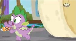 Size: 853x467 | Tagged: safe, screencap, character:spike, species:dragon, episode:a matter of principals, g4, my little pony: friendship is magic, boomerang (tv channel), bug spray, cheese, food, frightened, imminent doom, limburg, limburger cheese, oh no, prometheus school of running away from things, rolling, running, scared, spikeabuse, spray can, winged spike, youtube link