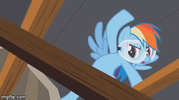 Size: 360x202 | Tagged: safe, screencap, character:rainbow dash, species:pegasus, species:pony, episode:lesson zero, g4, my little pony: friendship is magic, animated, destruction, goggles, imgflip, kicking, picture for breezies, smashing