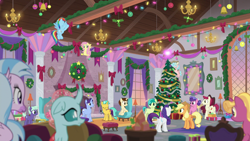 Size: 1920x1080 | Tagged: safe, screencap, character:applejack, character:berry blend, character:berry bliss, character:citrine spark, character:cozy glow, character:fire quacker, character:fluttershy, character:november rain, character:ocellus, character:rainbow dash, character:rarity, character:sandbar, character:silverstream, character:sugar maple, species:pony, episode:the hearth's warming club, g4, my little pony: friendship is magic, christmas, christmas tree, dawnlighter, fire of friendship, friendship student, hearth's warming tree, holiday, tree