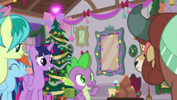 Size: 1920x1080 | Tagged: safe, screencap, character:rainbow dash, character:sandbar, character:spike, character:twilight sparkle, character:twilight sparkle (alicorn), character:yona, species:alicorn, species:dragon, species:pony, species:yak, episode:the hearth's warming club, g4, my little pony: friendship is magic, christmas, christmas tree, fire of friendship, hearth's warming tree, holiday, mirror, tree, winged spike
