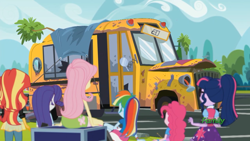 Size: 1366x768 | Tagged: safe, screencap, character:fluttershy, character:pinkie pie, character:rainbow dash, character:rarity, character:sunset shimmer, character:twilight sparkle, character:twilight sparkle (scitwi), species:eqg human, episode:get the show on the road, eqg summertime shorts, g4, my little pony:equestria girls, bus, the rainbooms tour bus