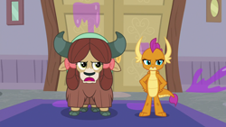 Size: 1280x720 | Tagged: safe, screencap, character:smolder, character:yona, species:dragon, species:yak, episode:the hearth's warming club, g4, my little pony: friendship is magic, cloven hooves, displeased, dragoness, female, front view, hair bow, hands on head, horns, looking at someone, messy, monkey swings, narrowed eyes, smolder is not amused, talking, teenaged dragon, teenager, unamused, yona is not amused