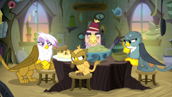 Size: 1280x720 | Tagged: safe, screencap, character:gabby, character:gilda, character:grampa gruff, species:griffon, episode:the hearth's warming club, g4, my little pony: friendship is magic, blind eye, chickub, clothing, dinner, eye scar, fez, griffon scone, grizzle, hat, scar, stool, table, upset