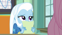 Size: 1280x720 | Tagged: safe, screencap, character:fluttershy, character:trixie, episode:a little birdie told me, g4, my little pony:equestria girls, canterlot high, classroom, cute, desk, diatrixes, female, frustrated, hiding face, math test, offscreen character, paper