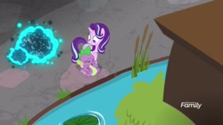 Size: 1920x1080 | Tagged: safe, screencap, character:spike, character:starlight glimmer, species:dragon, species:pony, species:unicorn, episode:a matter of principals, g4, my little pony: friendship is magic, cattails, duo, female, male, mare, swarm, twittermite, water, winged spike