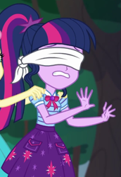 Size: 439x637 | Tagged: safe, screencap, character:fluttershy, character:twilight sparkle, character:twilight sparkle (scitwi), species:eqg human, episode:stressed in show, g4, my little pony:equestria girls, blindfold, bow tie, clothing, cropped, cute, geode of telekinesis, magical geodes, ponytail, skirt, stressed in show: fluttershy