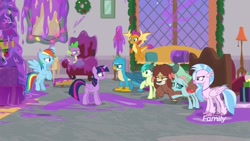 Size: 1920x1080 | Tagged: safe, screencap, character:gallus, character:ocellus, character:rainbow dash, character:sandbar, character:silverstream, character:smolder, character:spike, character:twilight sparkle, character:twilight sparkle (alicorn), character:yona, species:alicorn, species:changeling, species:classical hippogriff, species:dragon, species:earth pony, species:griffon, species:hippogriff, species:pony, species:reformed changeling, species:yak, episode:the hearth's warming club, g4, my little pony: friendship is magic, bow, cloven hooves, dragoness, female, flying, hair bow, jewelry, male, monkey swings, necklace, slime, student six, teenager, winged spike