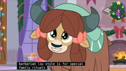 Size: 1463x823 | Tagged: safe, screencap, character:yona, episode:the hearth's warming club, g4, my little pony: friendship is magic, barbarian, boomerang (tv channel), cute, fire, meme, yonadorable, youtube caption