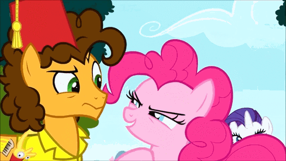 Size: 576x324 | Tagged: safe, screencap, character:boneless, character:cheese sandwich, character:pinkie pie, character:rarity, species:earth pony, species:pony, episode:pinkie pride, g4, my little pony: friendship is magic, animated, clothing, fez, hat, poking