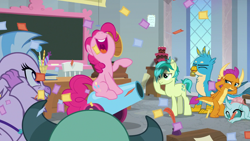 Size: 1280x720 | Tagged: safe, screencap, character:gallus, character:ocellus, character:pinkie pie, character:sandbar, character:silverstream, character:smolder, character:yona, episode:school daze, g4, my little pony: friendship is magic, confetti, covering ears, party cannon, school of friendship, student six