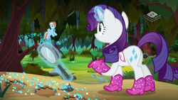 Size: 1024x576 | Tagged: safe, screencap, character:rainbow dash, character:rarity, species:pegasus, species:pony, species:unicorn, episode:the end in friend, g4, my little pony: friendship is magic, azurantium, bandana, boomerang (tv channel), boots, clothing, duo, female, froggy bottom bog, glitter boots, magic, magnifying glass, mare, shoes, sparkles, swamp, telekinesis