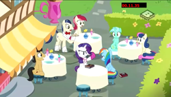 Size: 1136x640 | Tagged: safe, screencap, character:bon bon, character:lyra heartstrings, character:rainbow dash, character:rarity, character:roseluck, character:sweetie drops, species:earth pony, species:pegasus, species:pony, species:unicorn, episode:the end in friend, g4, my little pony: friendship is magic, boots, cafe, cherr, female, glitter boots, male, mare, neckerchief, restaurant, shoes, stallion, waiter