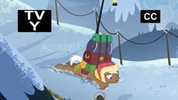Size: 1920x1080 | Tagged: safe, screencap, character:mochaccino, character:rare find, species:earth pony, species:pony, episode:friendship university, g4, my little pony: friendship is magic, luggage, male, snow, solo, stallion