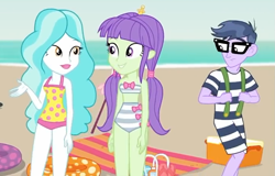 Size: 1057x676 | Tagged: safe, screencap, character:microchips, character:paisley, character:starlight, episode:lost and found, g4, my little pony:equestria girls, background human, beach, beach towel, clothing, cooler, cropped, female, glasses, male, retro, starlight, swimsuit