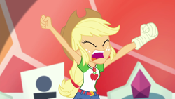 Size: 1280x720 | Tagged: safe, screencap, character:applejack, episode:constructive criticism, g4, my little pony:equestria girls, bandage, broken hand, constructive criticism: rainbow dash, eyes closed, female, geode of super strength, screaming, solo