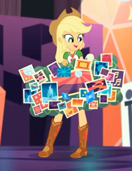 Size: 487x630 | Tagged: safe, screencap, character:applejack, episode:constructive criticism, g4, my little pony:equestria girls, boots, clothing, constructive criticism: rainbow dash, cowboy hat, cropped, female, geode of super strength, hat, shoes