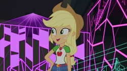 Size: 1280x720 | Tagged: safe, screencap, character:applejack, episode:constructive criticism, g4, my little pony:equestria girls, constructive criticism: photo finish, female, geode of super strength, smiling, solo