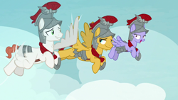 Size: 1280x720 | Tagged: safe, screencap, character:albus, character:flash magnus, character:iron eagle, species:pegasus, species:pony, episode:campfire tales, g4, my little pony: friendship is magic, armor, female, flying, helmet, high five, high wing, male, mare, royal legion, stallion, trio