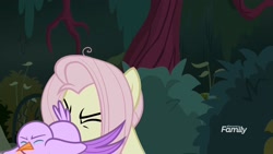 Size: 1920x1080 | Tagged: safe, screencap, character:fluttershy, character:mean fluttershy, species:bird, species:pegasus, species:pony, episode:the mean 6, g4, my little pony: friendship is magic, clone, discovery family logo, everfree forest, eyes closed, faceful of ass, female, forest, mare, messy mane, not what it looks like, out of context, solo, wat
