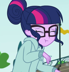 Size: 691x718 | Tagged: safe, screencap, character:twilight sparkle, character:twilight sparkle (scitwi), species:eqg human, episode:stressed in show, g4, my little pony:equestria girls, cropped, eyes closed, female, glasses, solo, sweatshirt