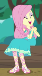 Size: 245x443 | Tagged: safe, screencap, character:fluttershy, episode:text support, g4, my little pony:equestria girls, cropped, eyes closed, feet, female, geode of fauna, sandals, smiling, solo, text support: fluttershy