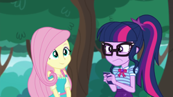 Size: 1280x720 | Tagged: safe, screencap, character:fluttershy, character:twilight sparkle, character:twilight sparkle (scitwi), species:eqg human, episode:text support, g4, my little pony:equestria girls, female, geode of fauna, geode of telekinesis, glasses, ponytail, text support: fluttershy