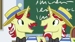 Size: 1920x1080 | Tagged: safe, screencap, character:flam, character:flim, species:pony, episode:friendship university, g4, my little pony: friendship is magic, cute, flamabetes, flim flam brothers, flimabetes, happy, smiling, written equestrian