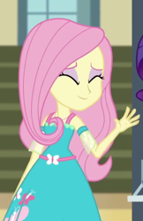 Size: 388x598 | Tagged: safe, screencap, character:fluttershy, episode:fluttershy's butterflies, g4, my little pony:equestria girls, cropped, cute, eyes closed, female, geode of fauna, shyabetes, smiling, solo focus