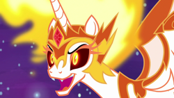 Size: 1280x720 | Tagged: safe, screencap, character:daybreaker, character:princess celestia, species:alicorn, species:pony, episode:a royal problem, g4, my little pony: friendship is magic, fangs, female, glowing eyes, jewelry, mane of fire, mare, regalia, solo