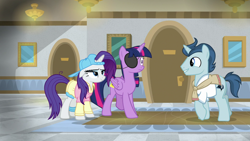 Size: 1920x1080 | Tagged: safe, screencap, character:polo play, character:rarity, character:twilight sparkle, character:twilight sparkle (alicorn), species:alicorn, species:pony, species:unicorn, episode:friendship university, g4, my little pony: friendship is magic, backwards ballcap, baseball cap, cap, clothing, eyepatch, eyepatch (disguise), hat, las pegasus resident, male, plainity, stallion