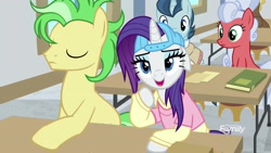Size: 1920x1080 | Tagged: safe, screencap, character:compass star, character:polo play, character:rarity, character:silver waves, species:earth pony, species:pony, species:unicorn, episode:friendship university, g4, my little pony: friendship is magic, backwards ballcap, baseball cap, cap, clothing, female, hat, las pegasus resident, male, mare, plainity, saturn (character), stallion