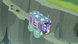 Size: 1280x720 | Tagged: safe, screencap, character:starlight glimmer, character:trixie, species:pony, species:unicorn, episode:on the road to friendship, cliff, duo, duo female, female, mare, smiling, trixie's wagon