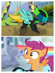 Size: 3106x4096 | Tagged: safe, screencap, character:lightning dust, character:scootaloo, species:pegasus, species:pony, episode:parental glideance, episode:the washouts, g4, my little pony: friendship is magic, clothing, female, filly, helmet, mare, uniform, washouts uniform